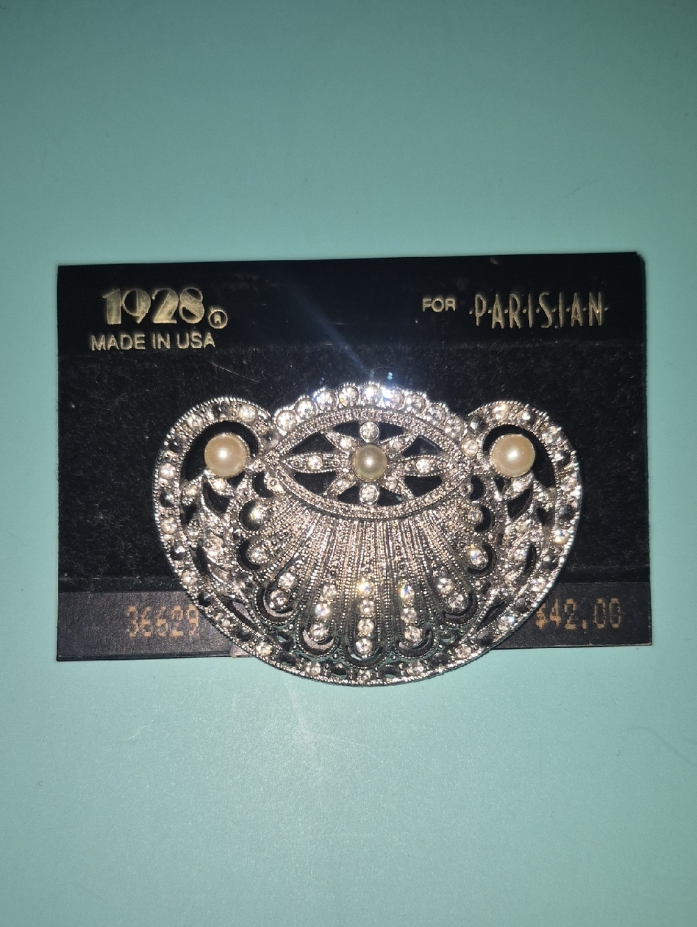 1928 For Parisian Works Silver-Tone, Crystal Faux Pearl Brooch New - Picture 1 of 6